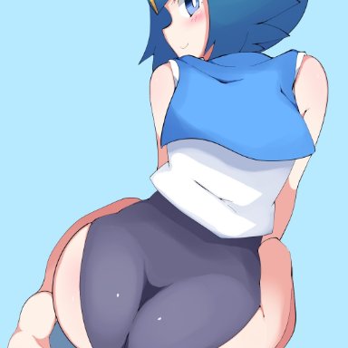 1girls, aged up, ass, ass focus, big ass, big butt, blue eyes, blue hair, blush, eye contact, feet, female, kneeling, lana (pokemon), looking at viewer