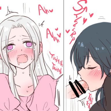 1futa, 1girls, 2koma, areolae, blowjob, blush, byleth (fire emblem), byleth (fire emblem) (female), closed eyes, clothed, clothing, dialogue, drooling, duo, edelgard von hresvelg