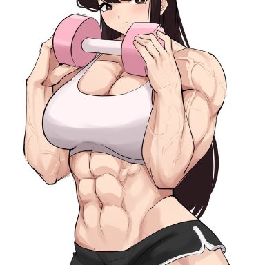 abs, big breasts, black hair, komi-san wa komyushou desu, komi shouko, musctonk, muscular, muscular arms, muscular female, muscular legs, muscular thighs, ripped, shorts, veins, weights