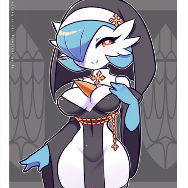 1girls, areolae, artist name, blue hair, chains, covered navel, cross, digital media (artwork), female, gardevoir, habit, hand on breast, nun, orange eyes, pelvic curtain