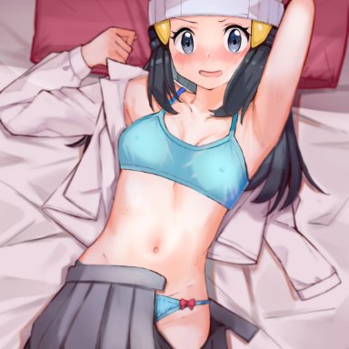 1girls, armpits, bed, blue eyes, blue hair, blush, bra, dawn (pokemon), eye contact, female, hat, komugiaoi1, long hair, looking at viewer, nintendo