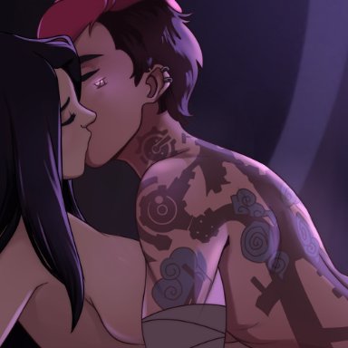 2girls, breasts, caitlyn, canon couple, female, female only, kissing, league of legends, nude, ravenemore, tattoo, vi, yuri
