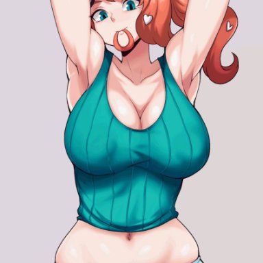 1girls, aqua eyes, armpits, arms up, belly, blush, breasts, collarbone, covered erect nipples, creatures (company), eyewear on head, game freak, hair ornament, heart, heart hair ornament