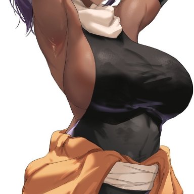 1girls, armpits, arms up, bleach, blush, breasts, brown skin, clothes around waist, commentary request, dark-skinned female, dark skin, elbow gloves, eyebrows visible through hair, female, female only
