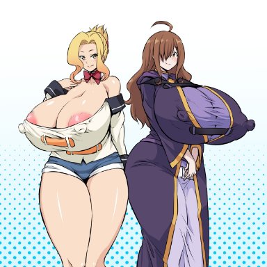 2girls, alternate breast size, big nipples, blush, bursting breasts, curvaceous, curves, curvy, curvy female, curvy figure, enormous breasts, erect nipples, erect nipples under clothes, henriiku (ahemaru), high resolution