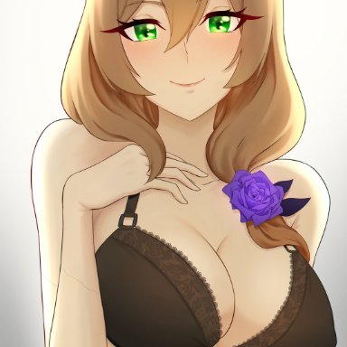 1girl, 1girls, alternate costume, backlighting, big breasts, black bra, black eyebrows, blonde, blonde hair, blush, blushing, blushing at viewer, bra, breasts, brows