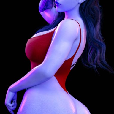 3d, blizzard entertainment, blue skin, busty, female, female focus, female only, hourglass figure, milapone, overwatch, pinup, pinup pose, pose, posing, solo