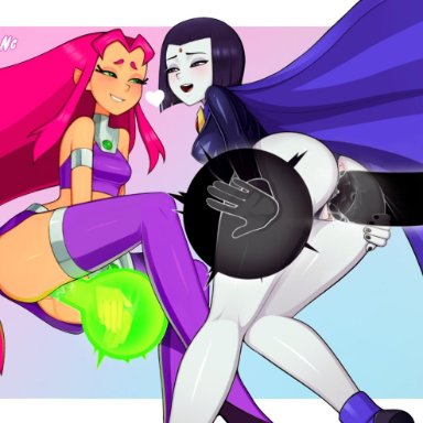 2girls, anus, ass, boots, breasts, cape, dc, dc comics, eye contact, female, genital fluids, green eyes, leotard, long hair, loodncrood