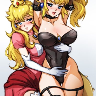 2girls, big breasts, blonde hair, blush, bowsette, breasts, cleavage, female, female only, large breasts, mario (series), minacream, new super mario bros. u deluxe, nintendo, princess peach