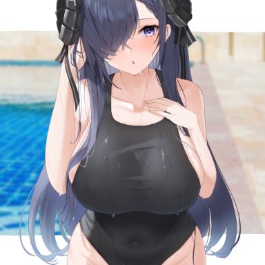 1girls, :o, august von parseval (azur lane), azur lane, black swimsuit, blue hair, breasts, bursting breasts, clavicle, clothing, competition swimsuit, covered navel, female, futon fly away, hair over one eye