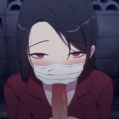 1boy, 1girls, animated, asian, black hair, blush, cum, cum in mouth, eye contact, face mask, fellatio, japanese mythology, kamuo, kuchisake-onna, mask