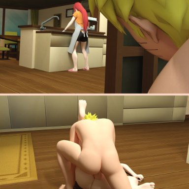 1boy, 1girls, 3d, apron, daztardly 3d, forced, incest, instant loss 2koma, legs up, mother and son, naruto, pale-skinned male, pinned down, rape, rough sex