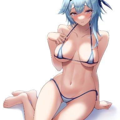 1girls, barefoot, bikini, blue hair, blush, eula (genshin impact), feet, female, genshin impact, gohei, human, micro bikini, underboob