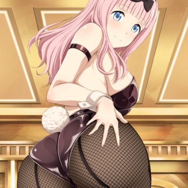 1girls, ass, big ass, big breasts, big butt, blue eyes, breasts, bunny ears, bunny tail, bunnysuit, eye contact, female, fujiwara chika, grabbing own ass, inoshira