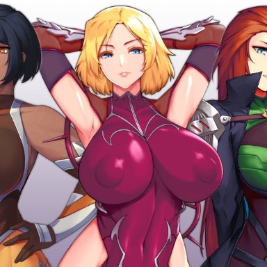 3girls, alex (totally spies), armpits, arms up, black hair, blonde hair, bodysuit, clover (totally spies), female only, huge breasts, large breasts, nachtness, nipples visible through clothing, orange hair, sam (totally spies)