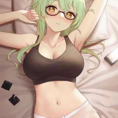 black shirt, cleavage, condom, condom wrapper, edit, edited, female only, fukuro ko (greentea), genshin impact, green hair, hi res, high resolution, highres, laying down, laying on bed