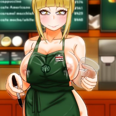1girls, 2021, alternate hairstyle, alternate version available, apron, areolae, big breasts, blonde hair, blush, breasts, eye contact, female, hairbun, high resolution, himiko toga