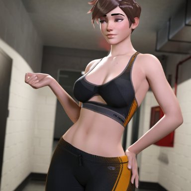 3d, 3d (artwork), bike shorts, exercise, exercise clothing, female, female only, looking away, overwatch, sports bra, tracer, wotm8h8