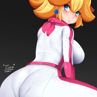 1girls, 2021, alternate costume, alternate hairstyle, artist signature, ass, ass focus, ass shot, back, back view, backboob, bkush, blonde hair, blue eyes, bodysuit