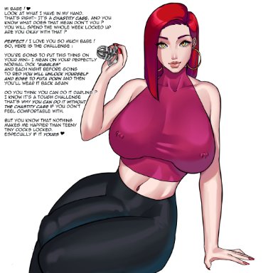 1futa, big breasts, big bulge, big penis, breasts, bulge, chastity, chastity cage, english text, futa only, futadom, futadom caption, futanari, huge cock, light-skinned futanari