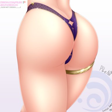 1girl, ass, ass focus, big ass, clothed, clothing, female, female only, genshin impact, light-skinned female, light skin, mona (genshin impact), panties, pilen, simple background