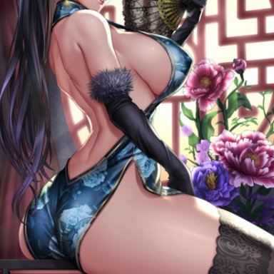 ass, back, bangs, black gloves, black hair, black legwear, blue dress, blunt bangs, breasts, china dress, chinese clothes, commentary request, covered erect nipples, drawer, dress