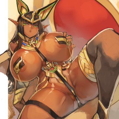 1girls, big boobs, big breasts, big butt, black hair, cameltoe, chamame, dark-skinned female, egyptian, elf, gloves, green eyes, hourglass figure, larribee, last origin