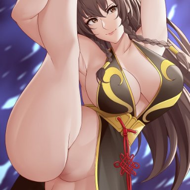 alternate costume, alternate hair length, alternate hairstyle, artist request, aslindsamure, ass, bare legs, black dress, braid, breasts, brown hair, cameltoe, capcom, censored, china dress