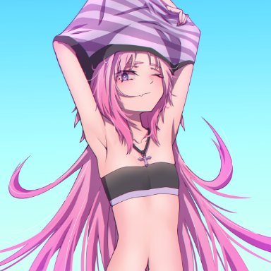 1boy, astolfo (fate), blush, eye contact, fate/grand order, fate (series), femboy, girly, hej, long hair, looking at viewer, male, male only, one eye closed, pink hair