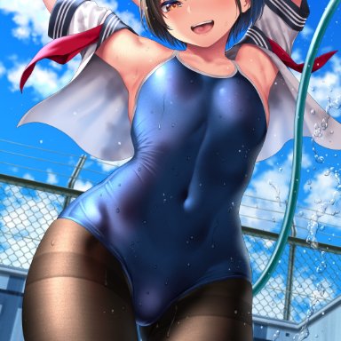 1girls, black hair, brown eyes, clouds, covered navel, day, fence, kase daiki, legwear, looking at viewer, one-piece swimsuit, open mouth, outdoors, pantyhose, pantyhose under swimsuit