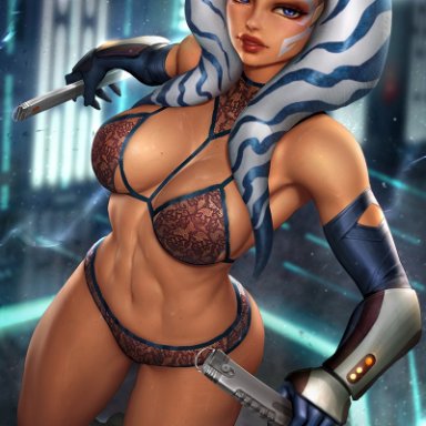 1girls, abs, ahsoka tano, alien, alien girl, armpits, athletic, athletic female, background, bare shoulders, blue eyes, blush, boots, bra, clothed