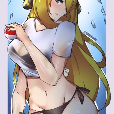 1340smile, alternate costume, big breasts, bikini, blonde hair, breasts, cynthia (pokemon), long hair, looking at viewer, nintendo, poke ball, pokemon, pokemon bdsp, pokemon dppt, see-through shirt