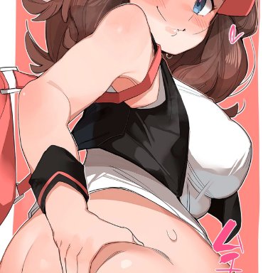 1girls, ass, bag, big ass, big breasts, blue eyes, blush, bottomless, breasts, brown hair, eye contact, female, grabbing own ass, hat, hilda (pokemon)