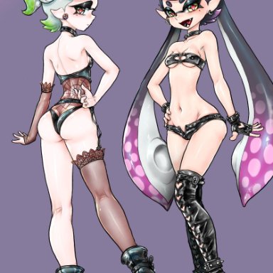 2girls, assymetrical clothes, callie (splatoon), choker, cross-shaped pupils, earrings, high heels, inkling, kemonomimi, koharuno2, leather, leather boots, leather gloves, looking at viewer, marie (splatoon)