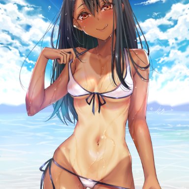 1girls, bikini, black hair, blush, breasts, brown eyes, cleavage, clothed, clothing, female focus, female only, gu li, hayase nagatoro, hi res, long hair