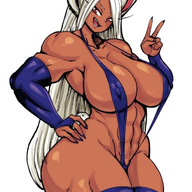 1girls, big breasts, breasts, bunny ears, eye contact, female, huge breasts, large breasts, long hair, looking at viewer, miruko, muscular female, my hero academia, nipple bulge, peace sign