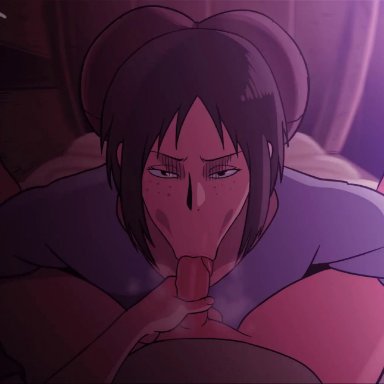 1boy1girl, animated, ass, bed, bedroom, black hair, black jeans, blowjob, blue shirt, brunette, bubble butt, d-art, eye contact, feet, jeans