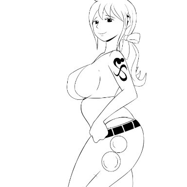 animated, bikini top, bow, bow in hair, flashing, gaping anus, interpolated, large ass, monochrome, nami, one piece, ponytail, scrabble007, tagme, tattoo