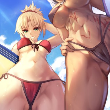 2girls, ass, barefoot, beach, bikini, blonde hair, blush, breasts, busty, caenis (fate), child bearing hips, clouds, curvaceous, curvy, dark-skinned female