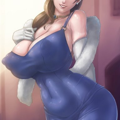 1female, 1females, 1girl, 1girls, blue dress, blue eyes, blue gem, breasts, brown eyebrows, brown hair, bursting breasts, busty, cleavage, covered belly button, covered erect nipples