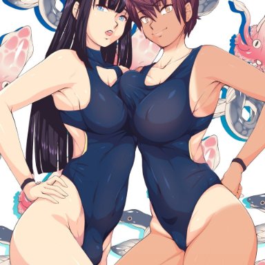 1futa, 1girls, asymmetrical docking, bangs, black hair, blue eyes, blue swimsuit, breast press, breasts, brown hair, bulge, clothed, clothing, duo, eel