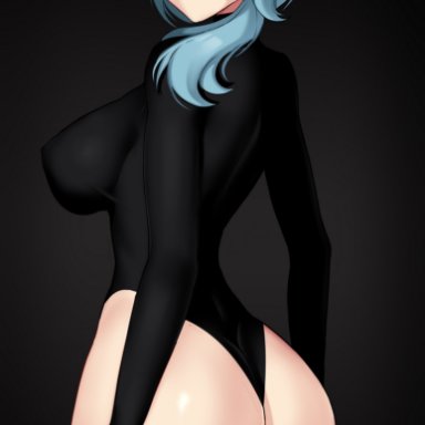 1girls, 2021, ass, ass focus, asymmetrical hair, black leotard, blue hair, breasts, dark background, eula (genshin impact), female, female focus, female only, genshin impact, hairband