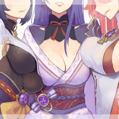 3girls, armpits, big breasts, cleavage, eastern style, female, female only, genshin impact, kujou sara, large breasts, lips, pink hair, purple hair, raiden shogun, short hair