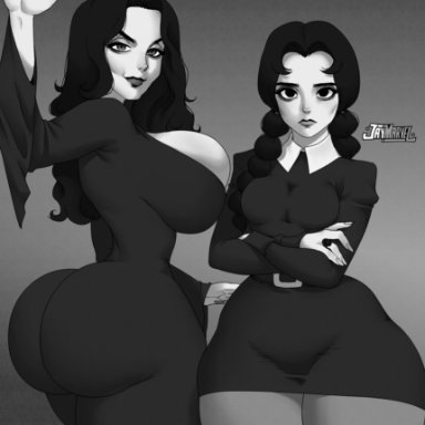 2girls, ass, big ass, big breasts, big butt, breasts, daughter, dress, eye contact, female, female only, greyscale, huge breasts, jay-marvel, large ass