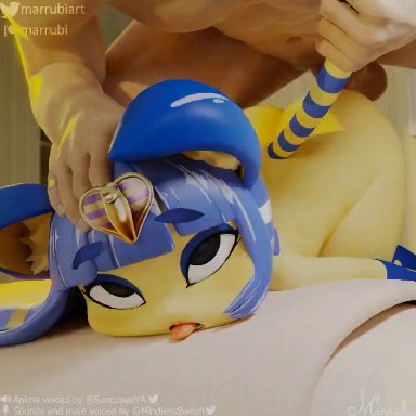 3d, :1, ahe gao, ambiguous penetration, animal crossing, animated, ankha, anthro, anthro penetrated, ass up, bed, blender, blender (software), blue hair, cross-eyed