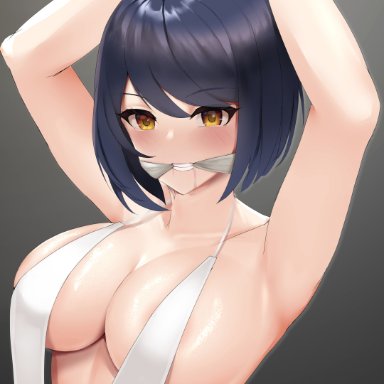 1girls, absurd res, armpits, arms up, big breasts, blue hair, blush, bondage, breasts, cleavage, drooling, genshin impact, highres, huge breasts, kujou sara