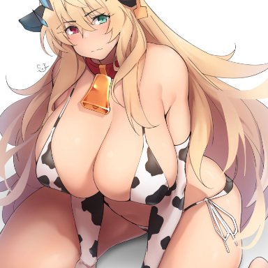 animal ears, animal print, bangs, bare shoulders, bell, bikini, blonde hair, breasts, cleavage, collar, cow ears, cow print, cowbell, eastern style, elbow gloves