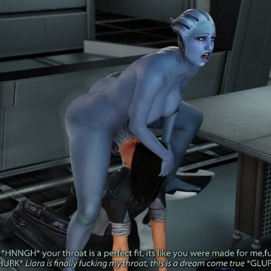 3d, 3d (artwork), asari, ashley williams, banap, blender, blue skin, comic, comic page, deepthroat, dialogue, face fucking, futa on female, futanari, huge cock