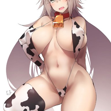 ahoge, animal ears, animal print, bangs, bell, blush, breasts, cleavage, collar, cow ears, cow print, cowbell, eastern style, fake animal ears, fate/grand order