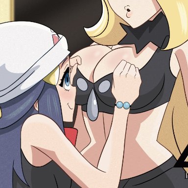 2girls, animated, areolae, blush, bursting breasts, cynthia (pokemon), dawn (pokemon), erect nipples, game freak, huge breasts, human, laceyxitzal, large breasts, nintendo, open mouth